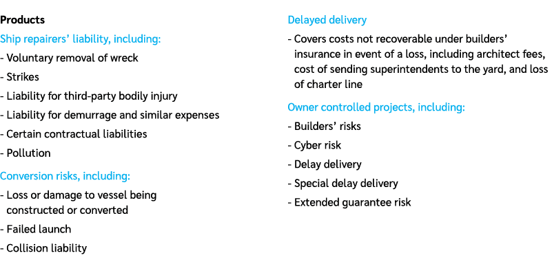 Products Ship repairers’ liability, including: Voluntary removal of wreck Strikes Liability for third party bodily in...