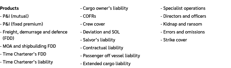 Products P&I (mutual) P&I (fixed premium) Freight, demurrage and defence (FDD) MOA and shipbuilding FDD Time Chartere...