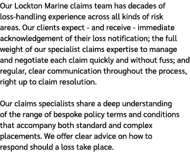 Our Lockton Marine claims team has decades of loss handling experience across all kinds of risk areas. Our clients ex...