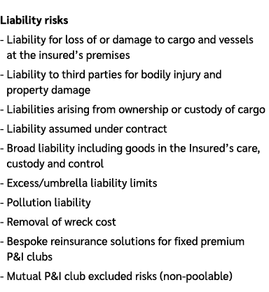 Liability risks Liability for loss of or damage to cargo and vessels at the insured’s premises Liability to third par...