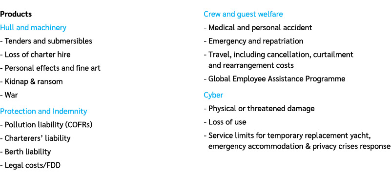 Products Hull and machinery Tenders and submersibles Loss of charter hire Personal effects and fine art Kidnap & rans...