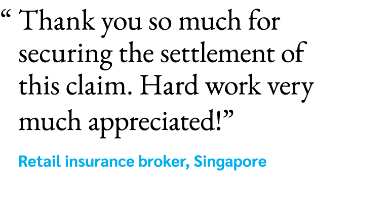 “ Thank you so much for securing the settlement of this claim. Hard work very much appreciated!” Retail insurance bro...